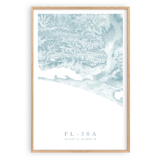 highway 30a florida map poster in wood frame
