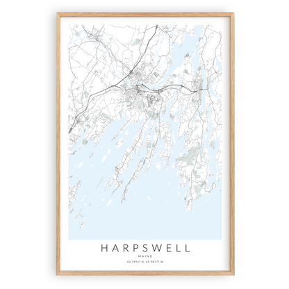 harspwell maine map print in wood frame