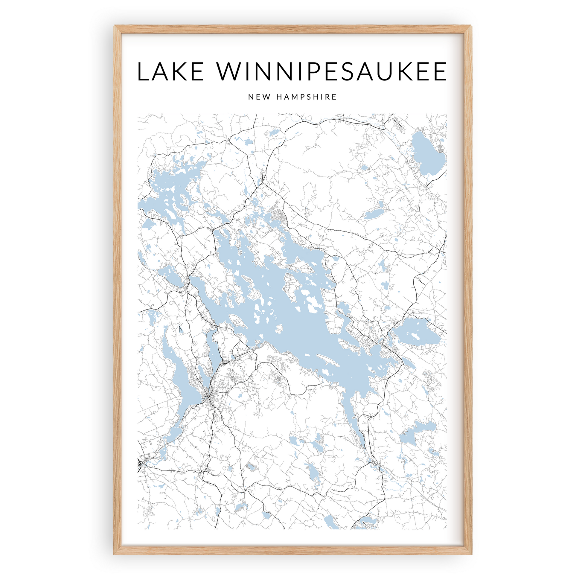 lake winnipesaukee map poster in wood frame