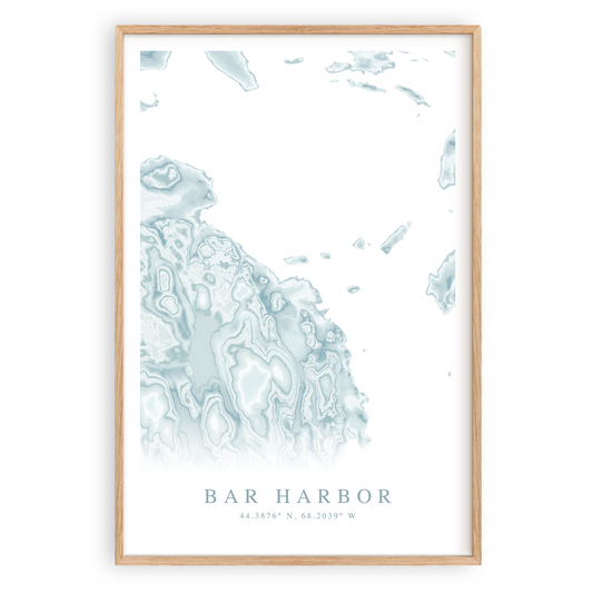 bar harbor map poster in wood frame