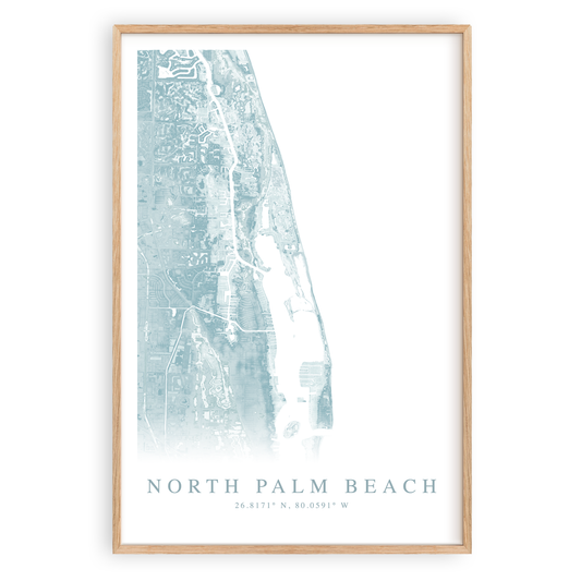 north palm beach florida map print in wood frame