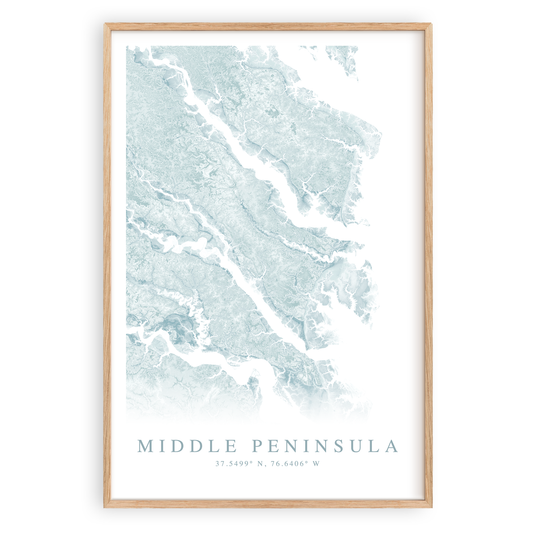 middle peninsula virginia map print in wood frame