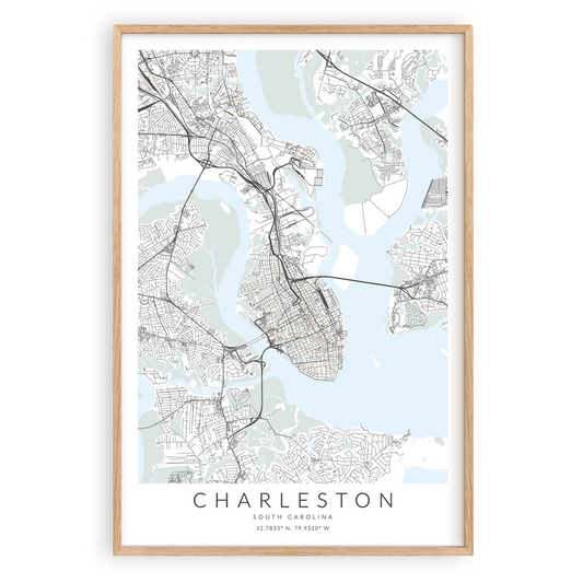 charleston south carolina map print in wood frame