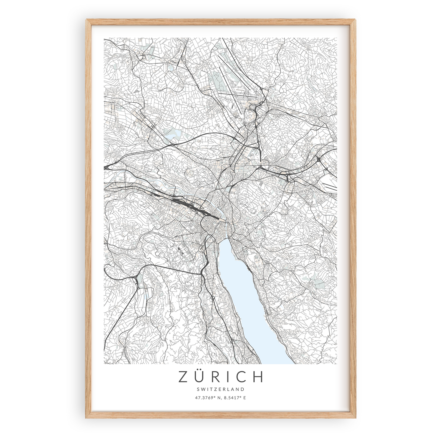 zürich switzerland map print in wood frame