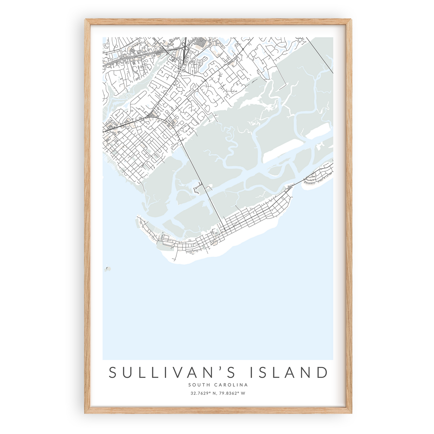 sullivan's island map print in wood frame