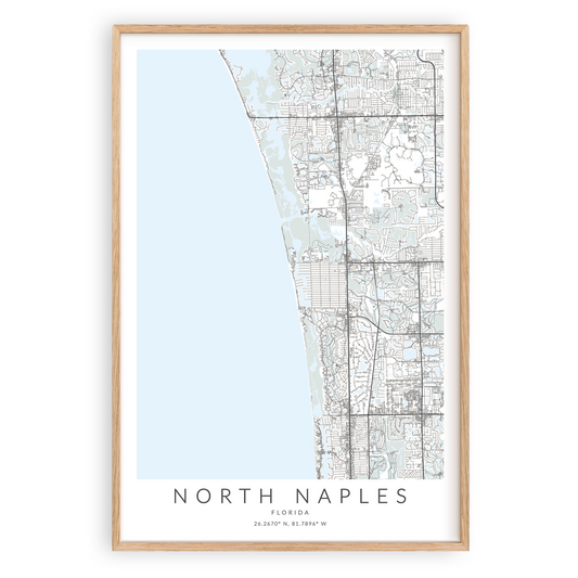 north naples florida map print in wood frame
