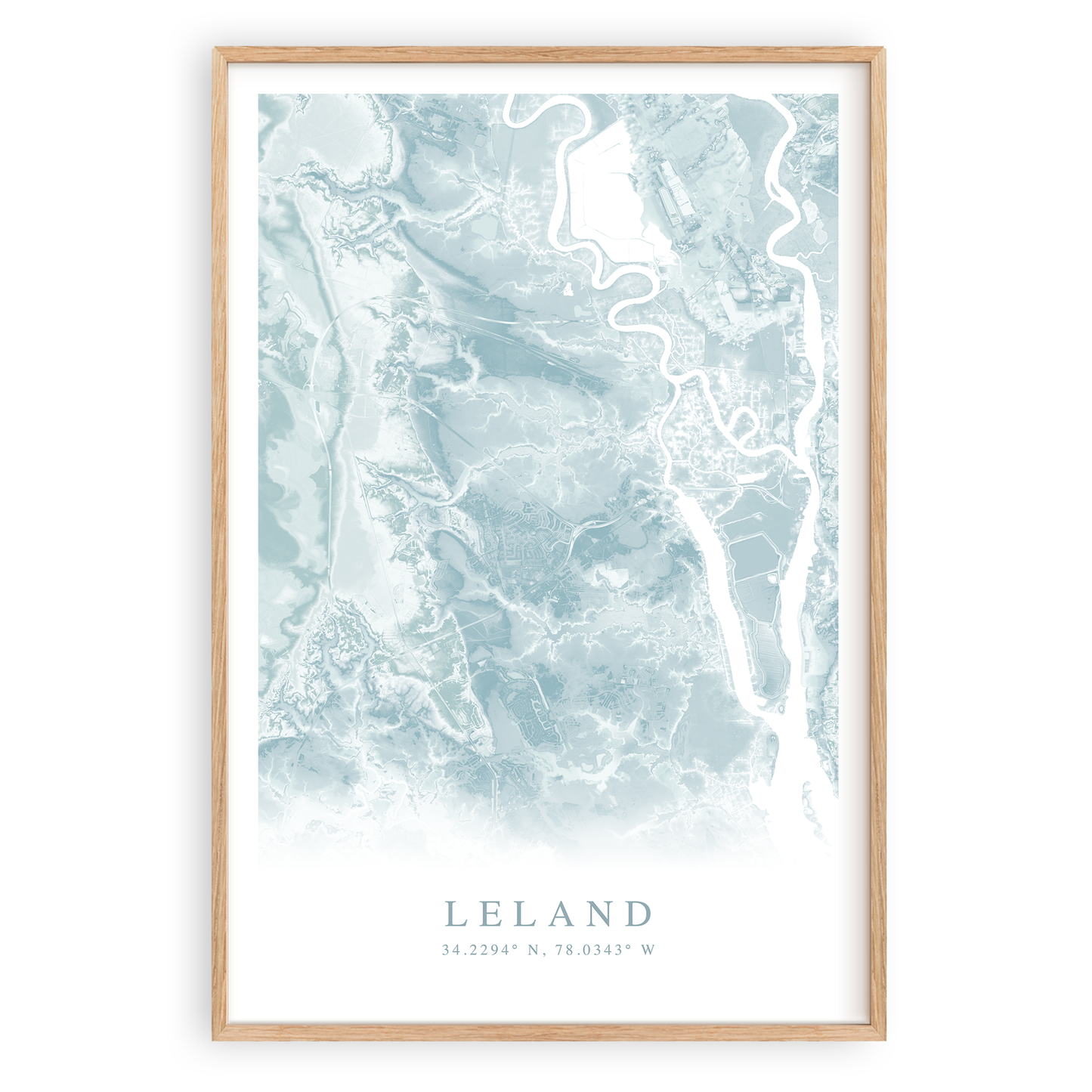 leland north carolina map print in wood frame