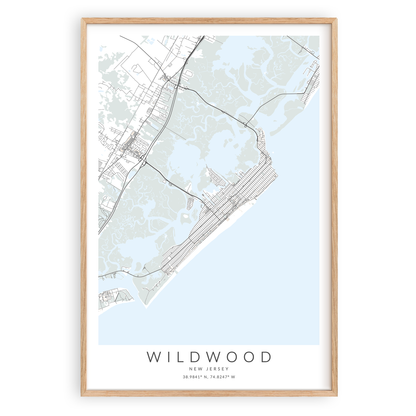 wildwood new jersey map print in wood frame
