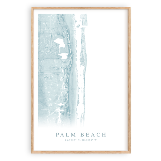 palm beach florida map print in wood frame