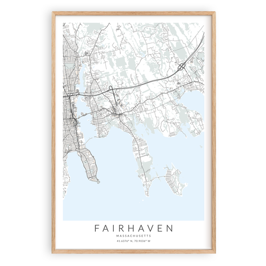 fairhaven massachusetts map print in wood frame