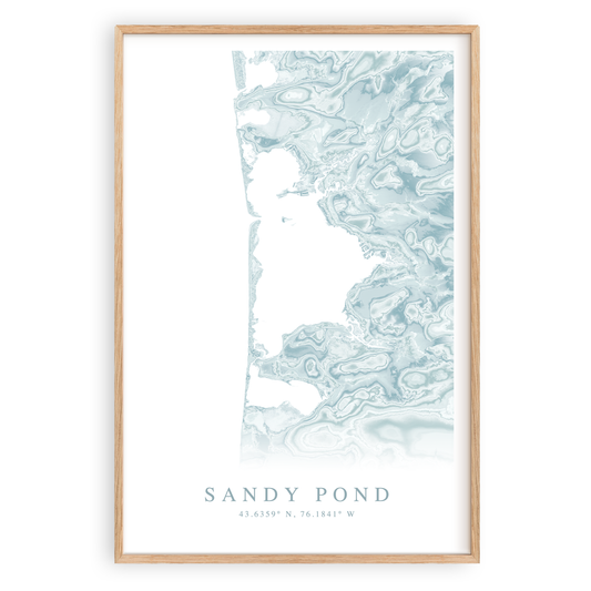 sandy pond new york map print in wood frame