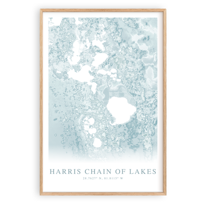 harris chain of lakes florida map print in wood frame