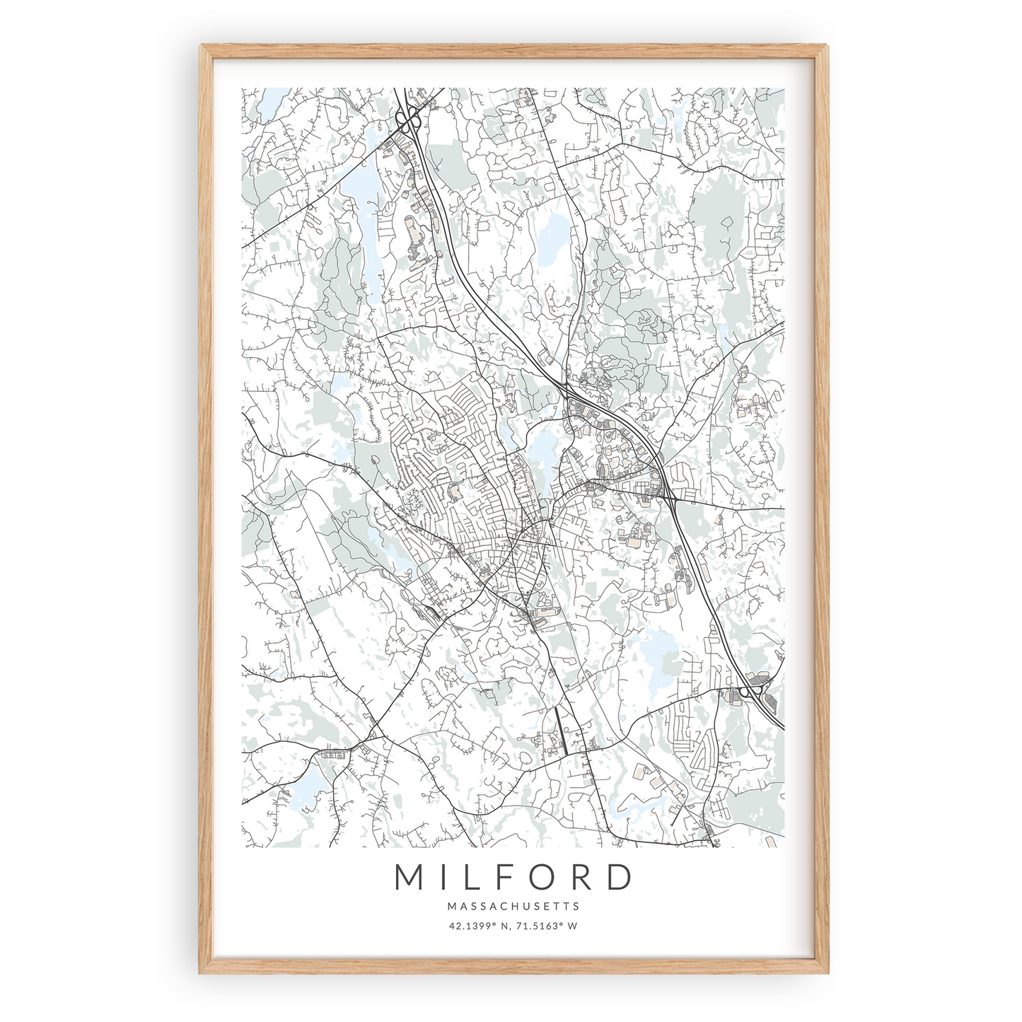 milford massachusetts map print in wood frame