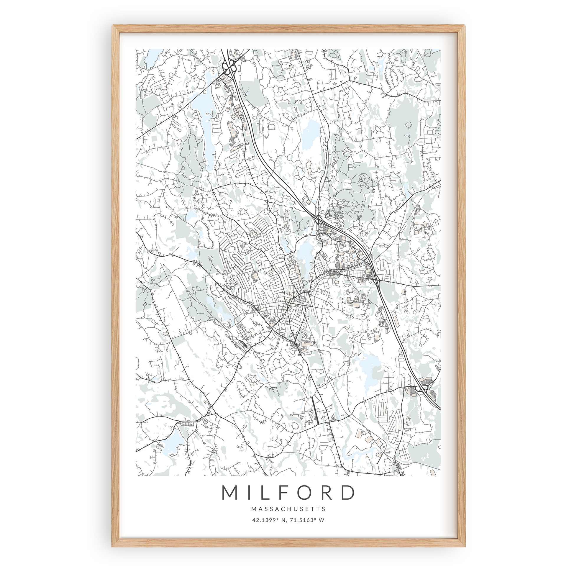 milford massachusetts map print in wood frame