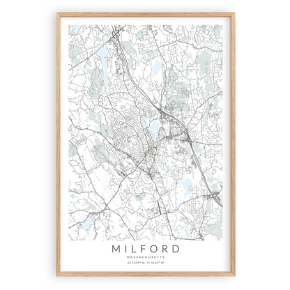 milford massachusetts map print in wood frame