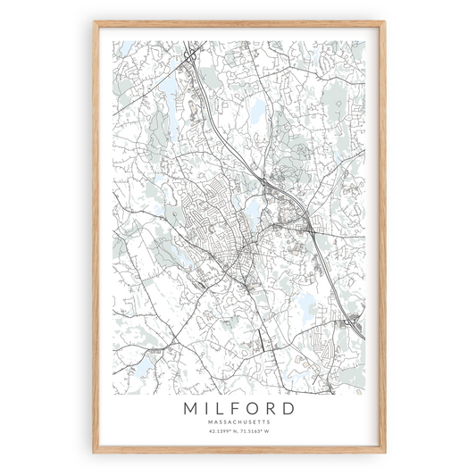 milford massachusetts map print in wood frame